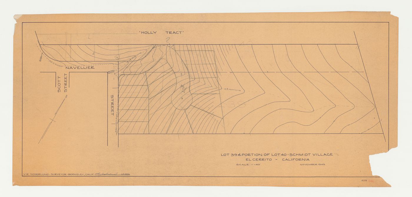 Swedenborg Memorial Chapel, El Cerrito, California: Schematic site plan showing lot subdivision on a contour map for lot 39 and part of lot 40