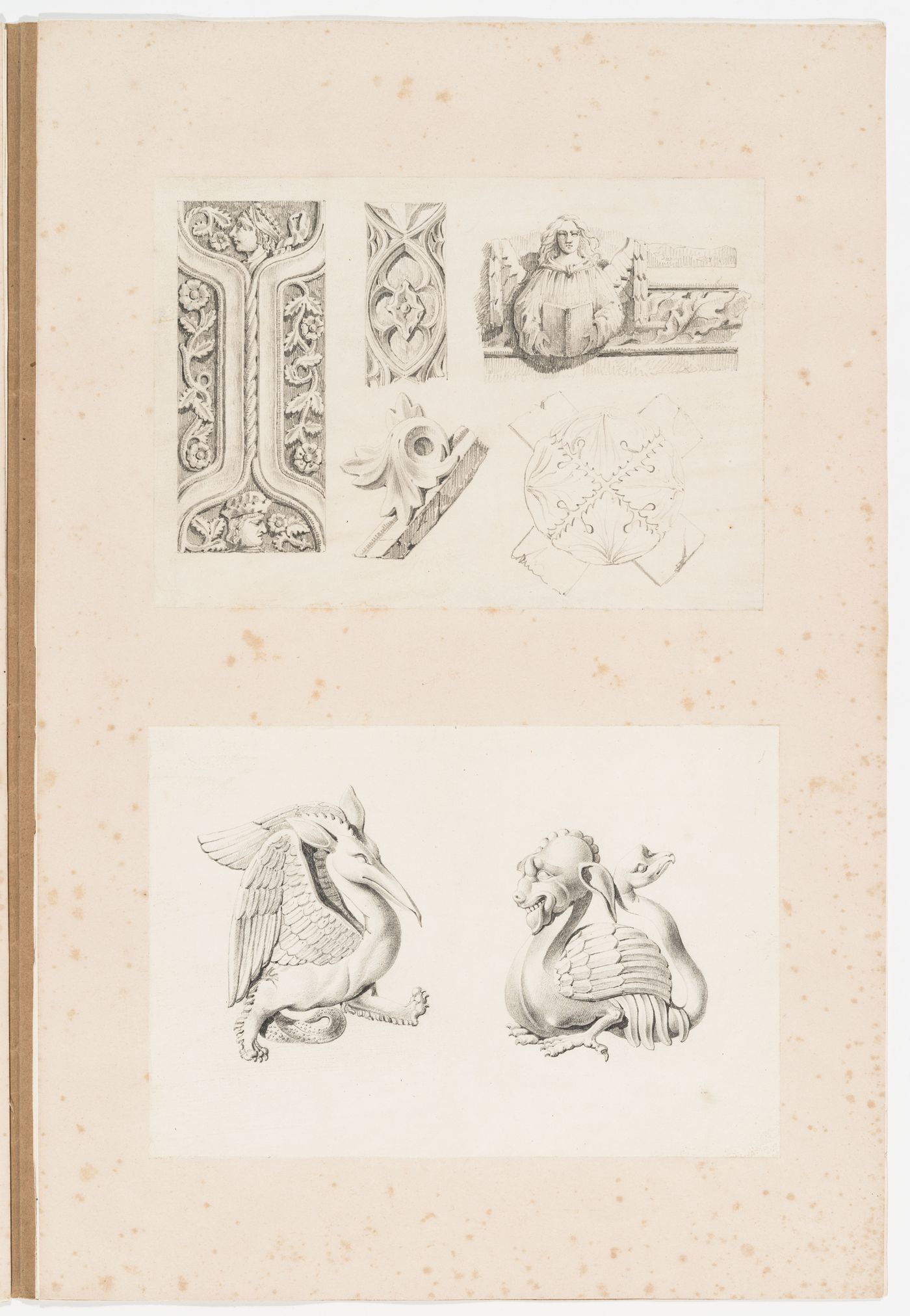 Two drawings of Gothic ornament copied from 'Pugin's Gothic Ornament', showing details from Beddington Place, Beddington, the Abbaye de Saint-Amand and Cathédrale Notre-Dame, Rouen, Church of Saint Mary the Virgin, Oxford, and Eltham Palace, Greenwich