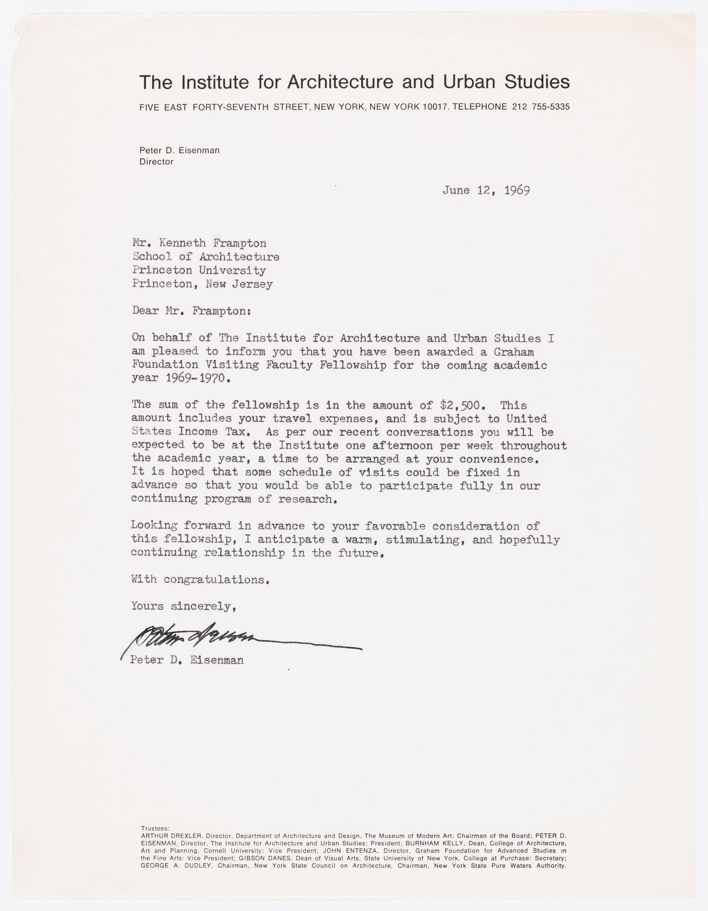 Letter from Peter D. Eisenman to Kenneth Frampton about awarded a research fellowship