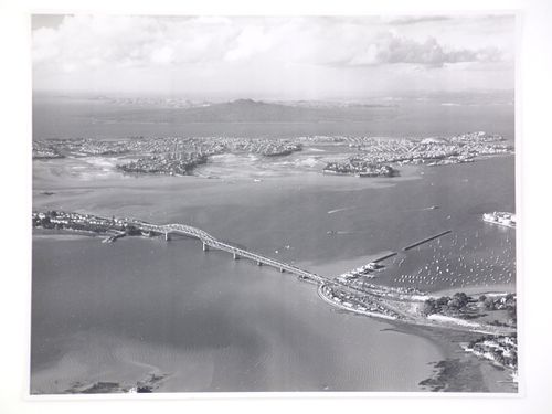 Aerial view of the Auckland Harbour Bridge, over the Waitematā Harbour, Auckland, New Zealand