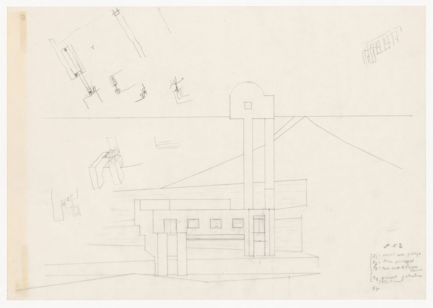Elevation with sketches and notes for Casa Mário Bahia [Mário Bahia house], Gondomar, Portugal