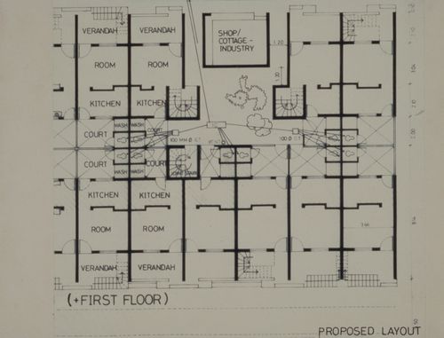 First floor plan showing proposed layout of houses for the Aranya Housing Project, Indore, India