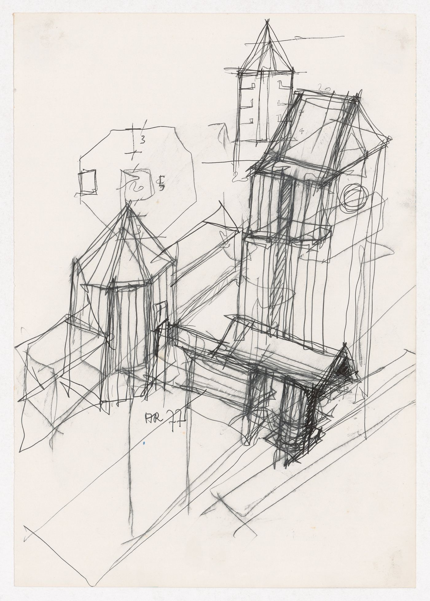 Perspective sketch, sketch cross section and sketch plan for Centro Direzionale, Florence