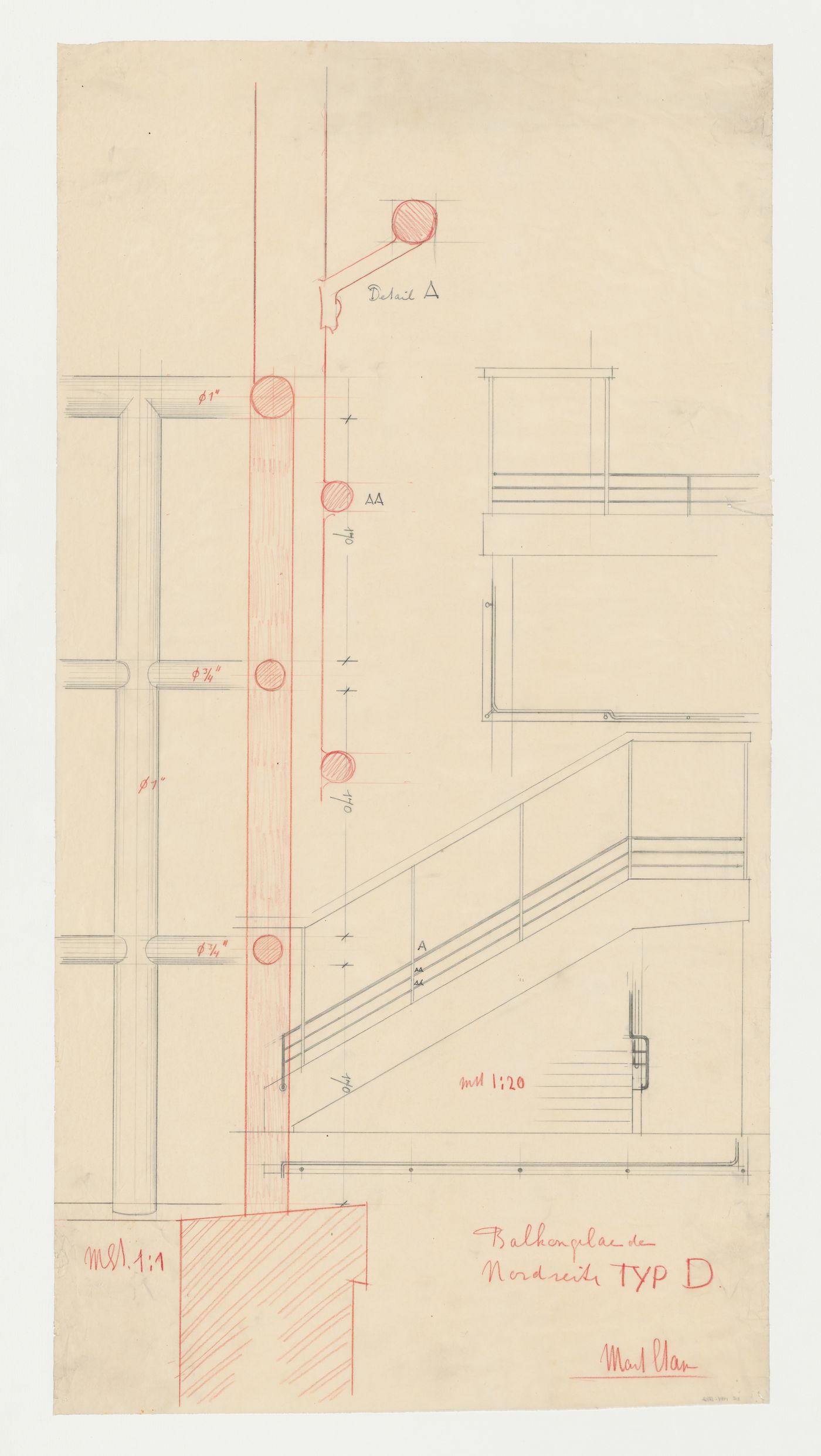 Elevation and sectional details for a balcony railing for the north side of a type D housing unit, Hellerhof Housing Estate, Frankfurt am Main, Germany
