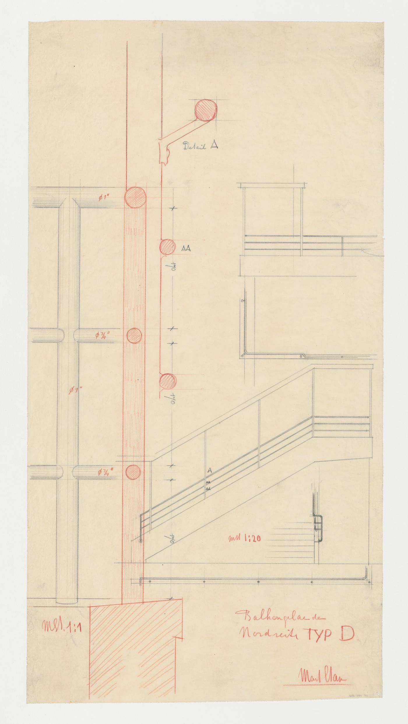 Elevation and sectional details for a balcony railing for the north side of a type D housing unit, Hellerhof Housing Estate, Frankfurt am Main, Germany