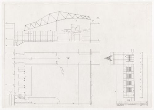 Floor plan, elevation, and section for Vitra International, Weil am Rhein, Germany