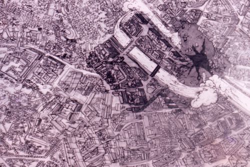 Slide of bird's eye view drawing of city for Red Line