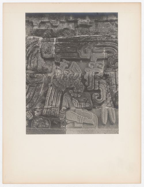 Close-up view of a pyramid, possibly known as the Pyramid of the Feathered Serpent, showing sculptural details, Xochicalco Site, Xochicalco, Mexico