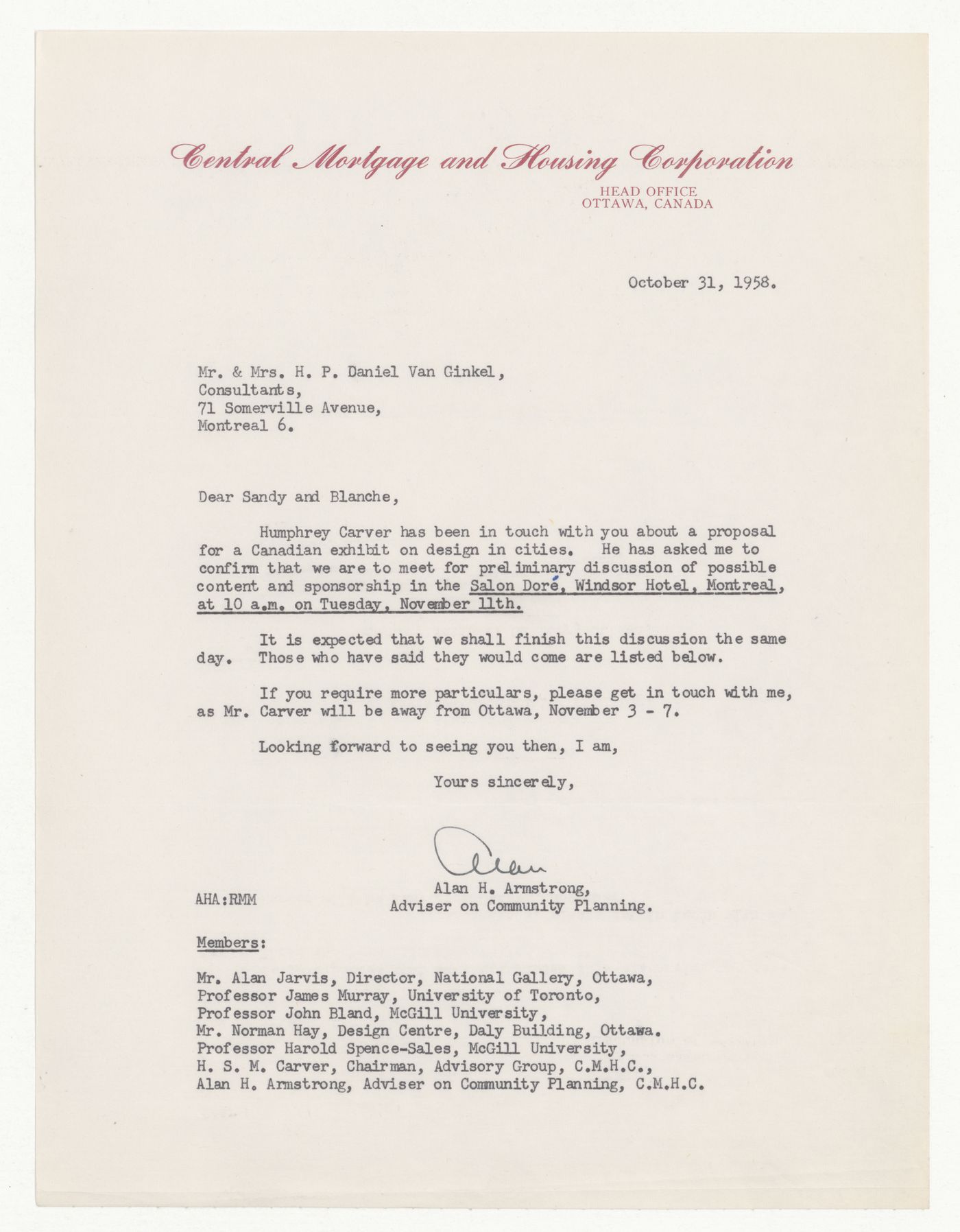 Letter from Alan H. Armstrong to H. P. Daniel van Ginkel and Blanche Lemco van Ginkel for CMHC Exhibition