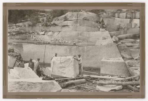View of the Stanstead Granite Quarries with employees extracting stone for columns of the Palais de justice (now Édifice Ernest-Cormier), Beebe, Quebec, Canada