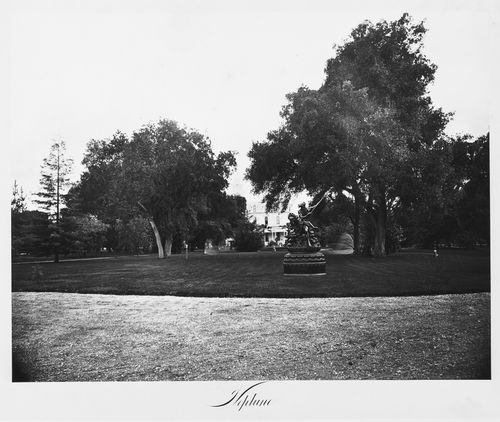 View of the grounds and house; sculpture of Neptune, Thurlow Lodge, Menlo Park, California