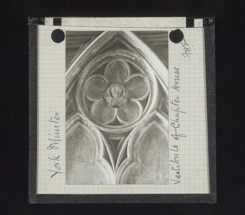 Detail view of arcade with boss in vestibule of Chapter House of York Minster, York, North Yorkshire, England