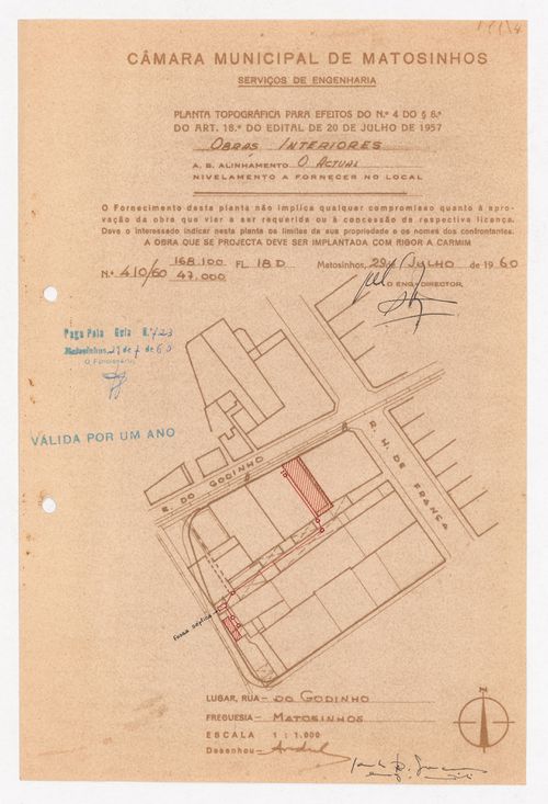 Plan prepared by Câmara Municipal de Matosinhos, Serviços de Engenharia showing septic tank for Refeitório da Refinaria Angola, Matosinhos, Portugal
