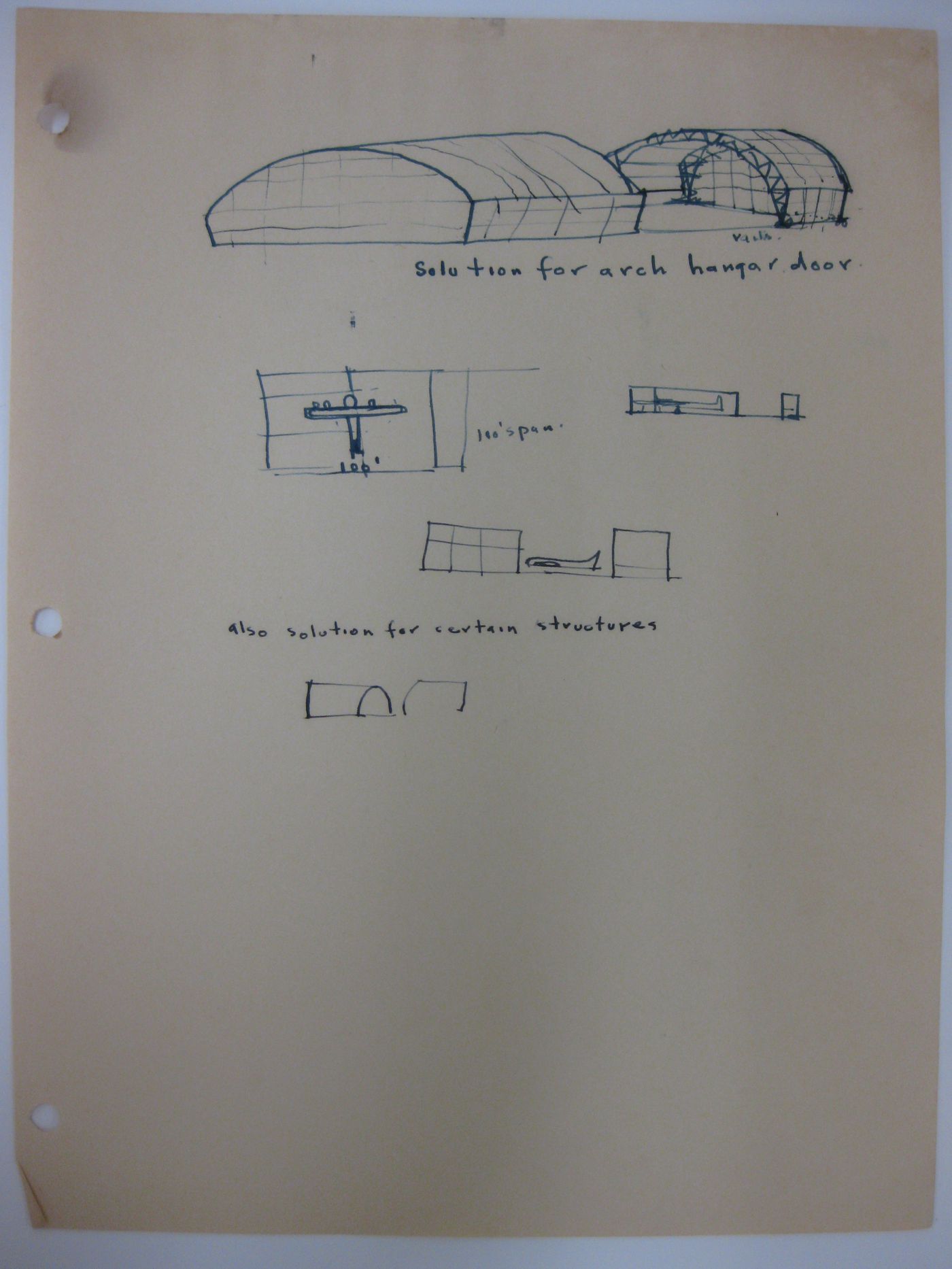 Sketches of solutions for arch hangar door and structures