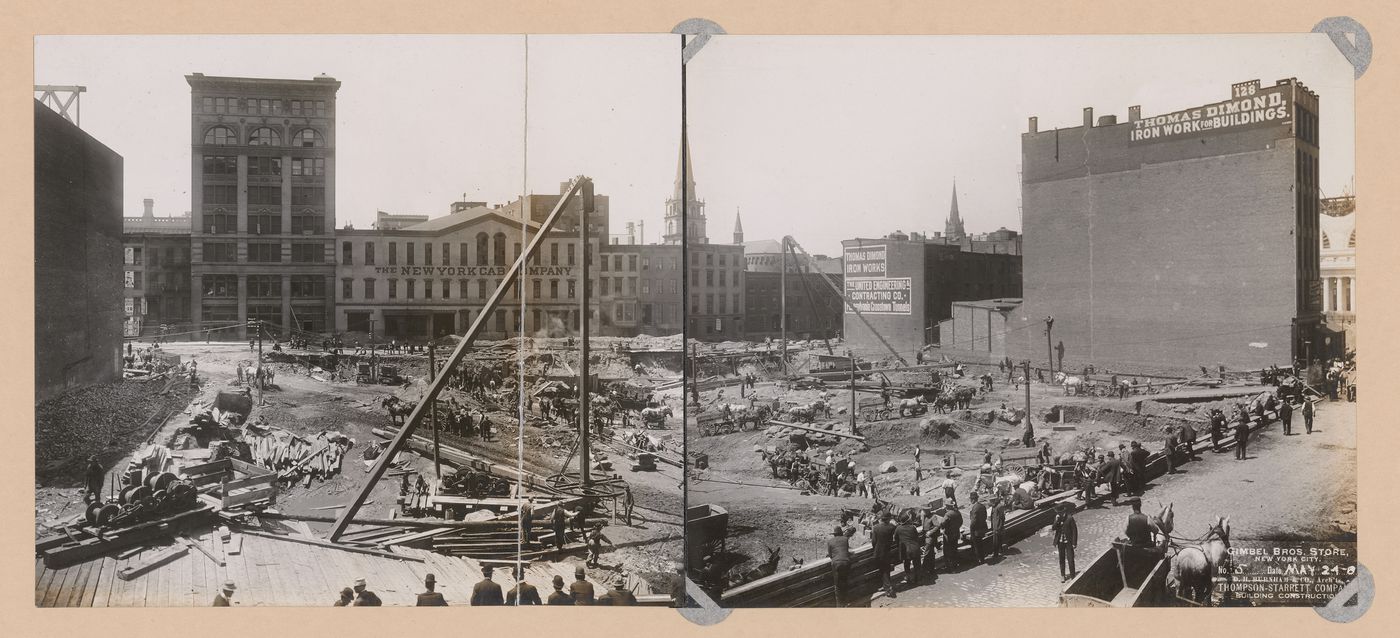 View of construction site of the Gimbels store, New York City, New York, United States