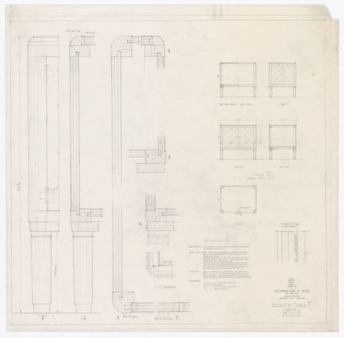 Plan, élévations, coupes et détails de la table "T" pour Cour suprême du Canada, Ottawa, Ontario