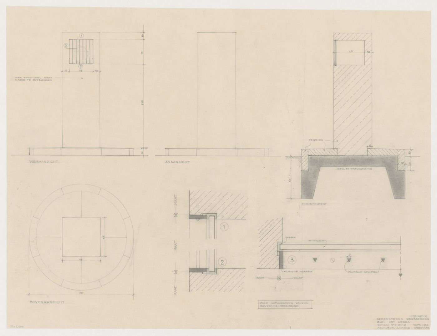 Plan, section, removed sections, and elevations for Grebbeberg Monument, Rhenen, Netherlands