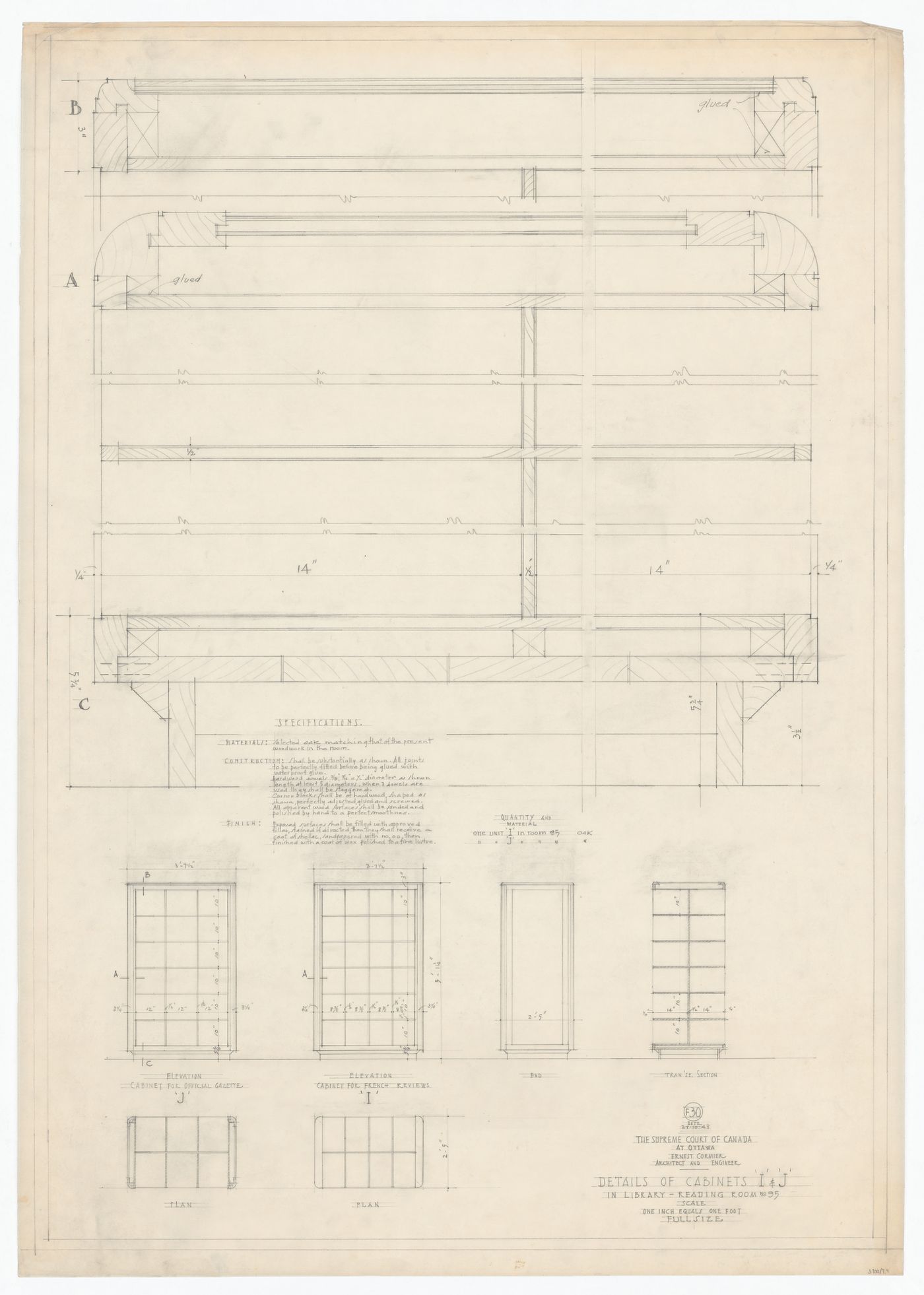 Plans, élévations, coupes et détails des armoires "I" et "J" pour Cour suprême du Canada, Ottawa, Ontario