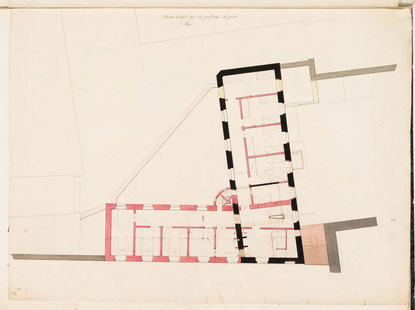 Project for the enlargement of the prison near the Préfecture de police, rue de Jérusalem, Paris: First floor plan