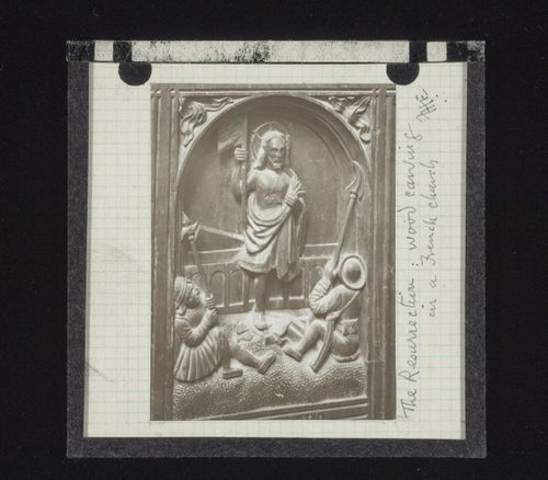View of a wood carving of the resurrection in a French church, France