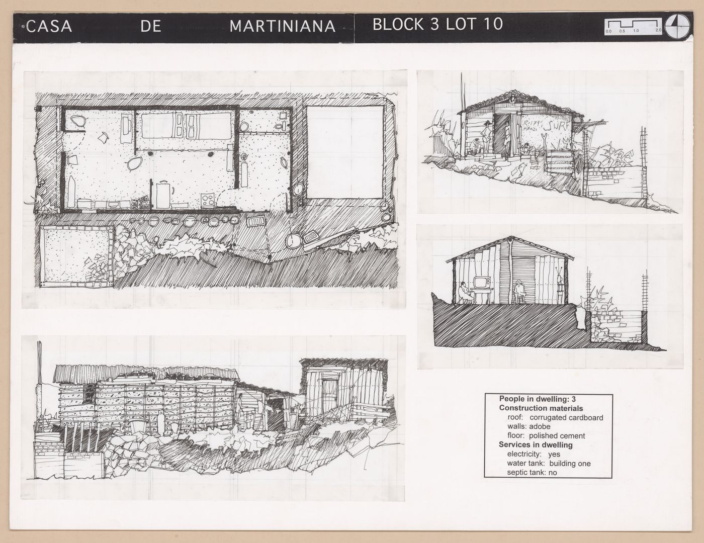 Presentation panel with floor plan, section, and elevations of Casa de Martiniana for the Urban Upgrading project La Esperanza, in Zihuatanejo, Mexico