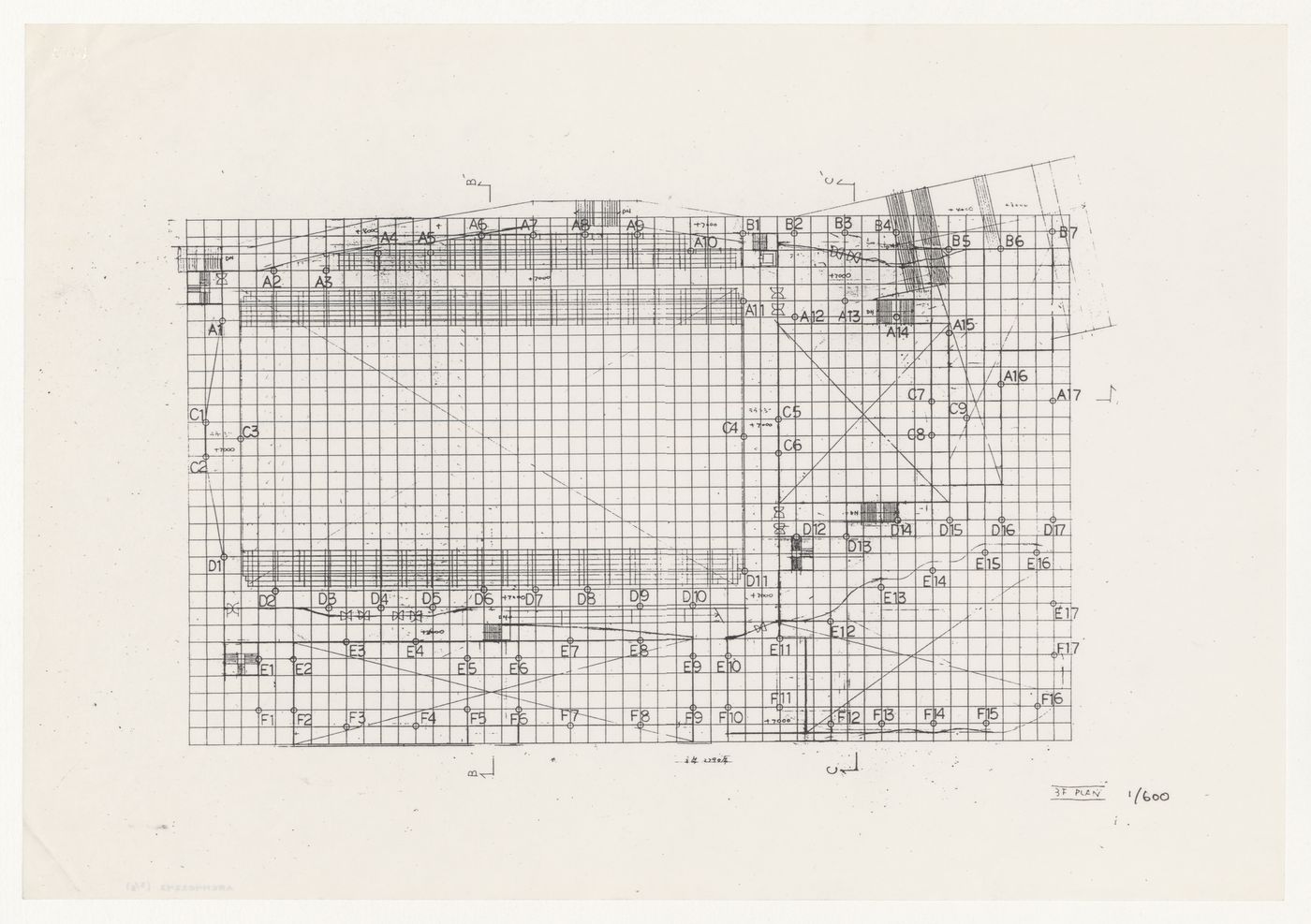 Plan and diagrammatic roof sections for Odawara Municipal Sports Complex, Odawara, Japan