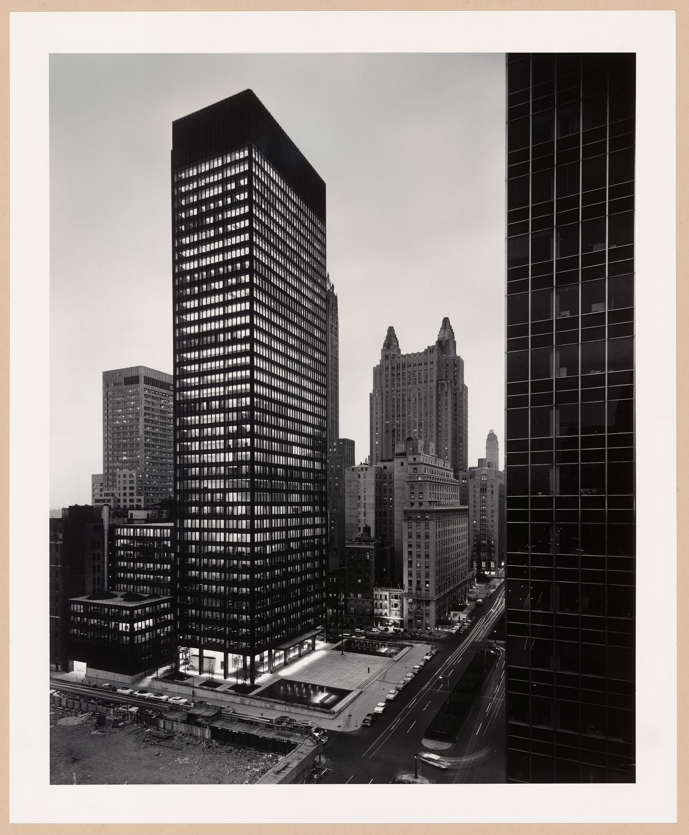 View of the Seagram Building and Plaza at dusk, New York City, New York, United States