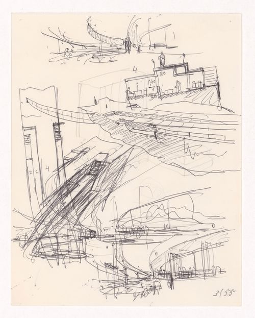 Sketch perspectives and section for Restaurante Pico do Areeiro, Madeira, Portugal