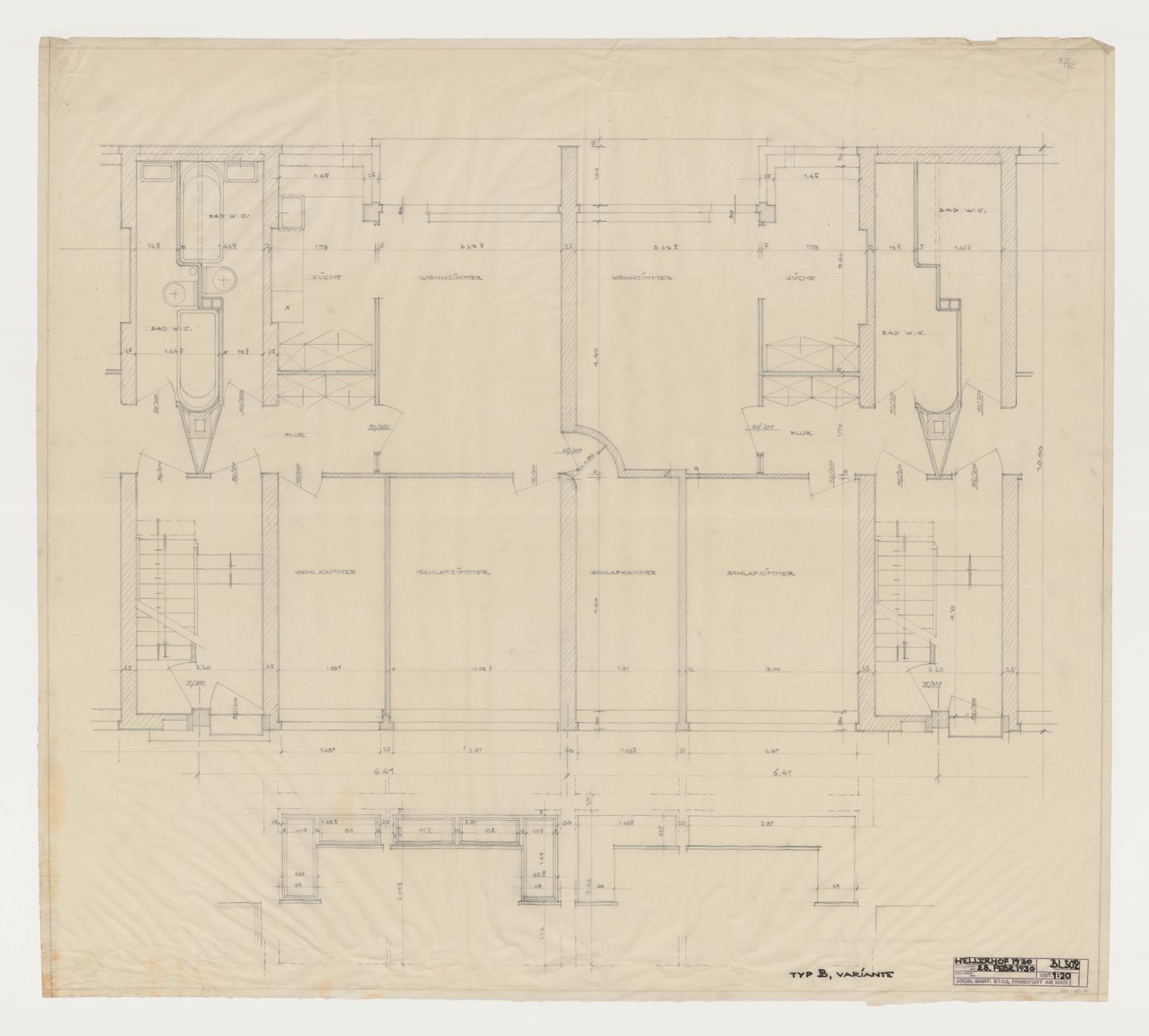 Ground floor plan and elevation for windows for a type A housing unit, Hellerhof Housing Estate, Frankfurt am Main, Germany