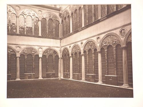 Detail view of interior courtyard at Schloss Bedburg with newly glass-enclosed arcade, Bedburg, Germany