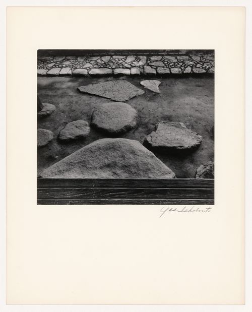 View of the north entrance of the Shoiken showing stepping-stones and a stone path, Katsura Rikyu (also known as Katsura Imperial Villa), Kyoto, Japan