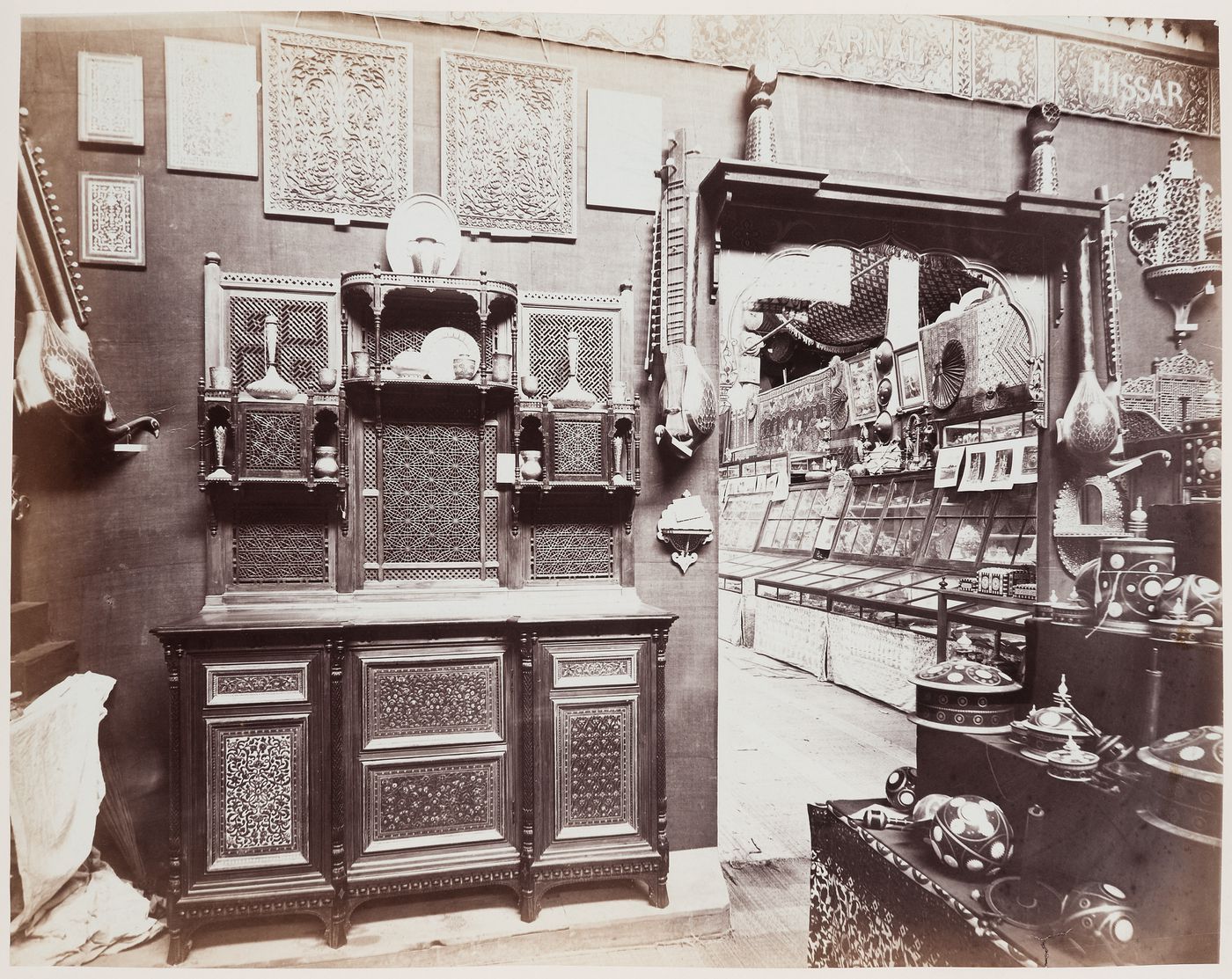Interior view of a pavilion showing the Punjab exhibit, Calcutta International Exhibition of 1883-1884, India