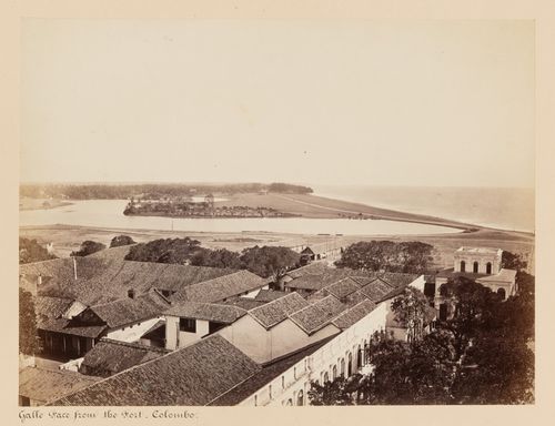 View of Galle Face and the Galle Face Burial Ground from the clock tower and lighthouse with Colombo Fort in the foreground, Colombo, Ceylon (now Sri Lanka)