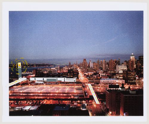 IFPRI (IFCCA Prize Competition, 1998-1999, Entry by Cedric Price): view of site with proposed structures (laser transmission tower, Hudson Sleeve, Javits Convention Center South Extension and City Sleeve)