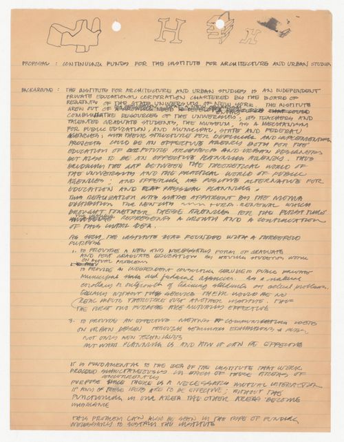 Draft letter for requesting donations including a brief overview of IAUS history and projects written by Peter D. Eisenman