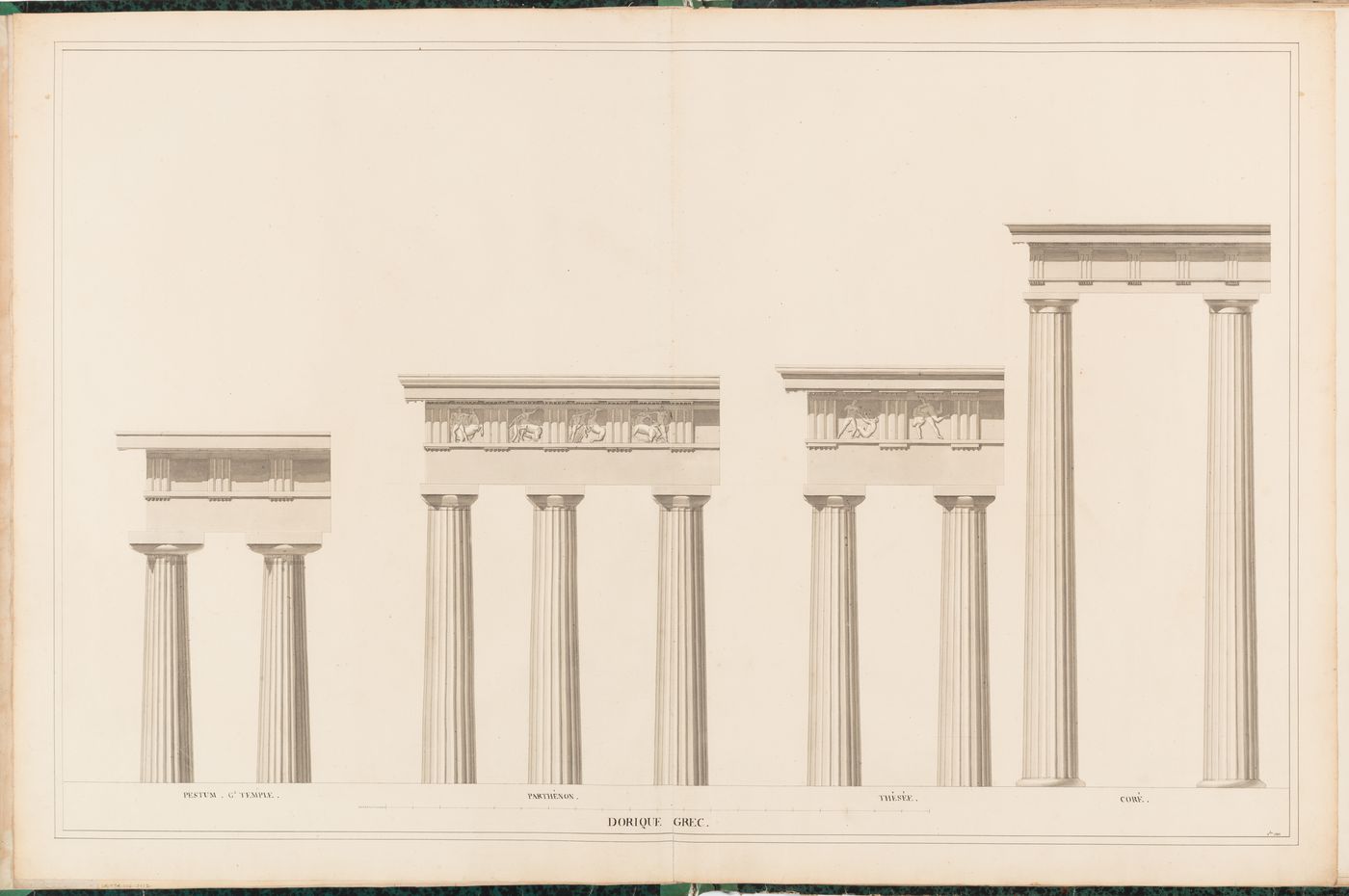 Elevations of columns and entablatures from four Greek Doric temples: the Temple of Neptune, Paestum, the Temple of Hercules, Cori, and the Parthenon and the Hephaisteion, Athens