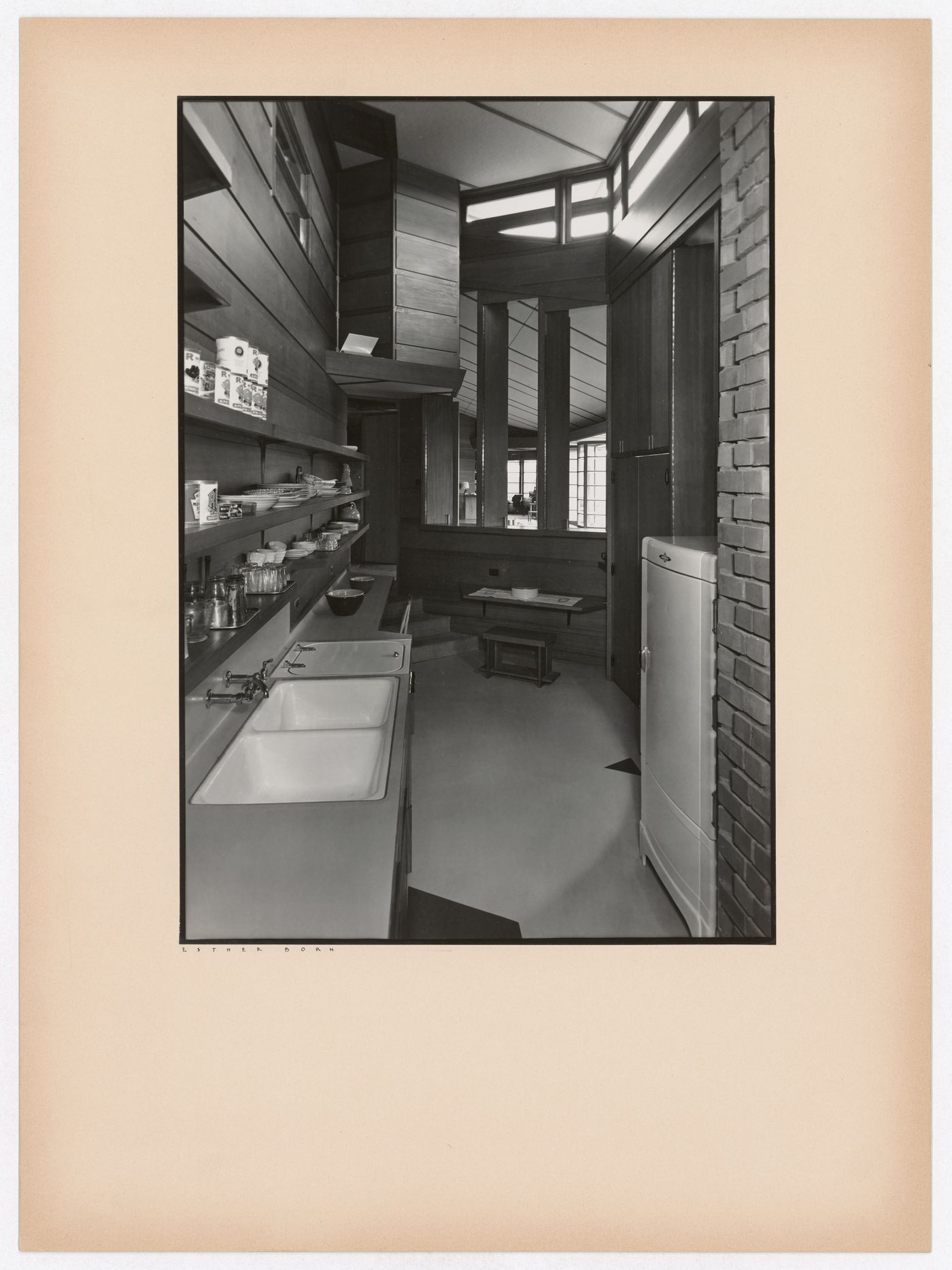 Interior view of the kitchen showing appliances, dishes, and cans, the Hanna House, Palo Alto, California, United States