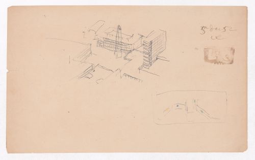Bird's-eye sketch perspective for a plaza with an obelisk