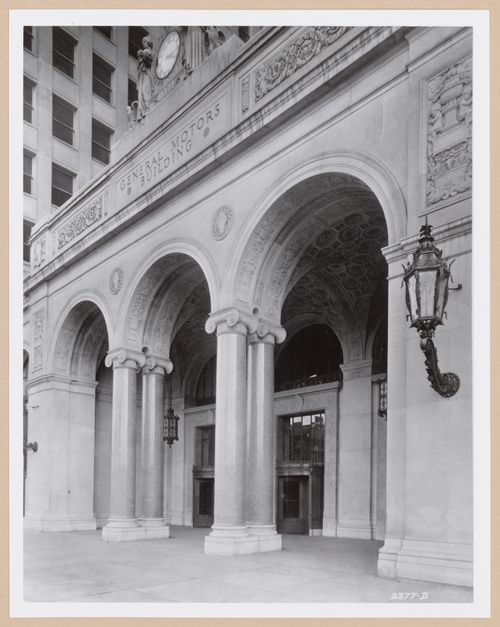 View of the main entrance to the General Motors Building, 3044 West Grand Boulevard, Detroit, Michigan