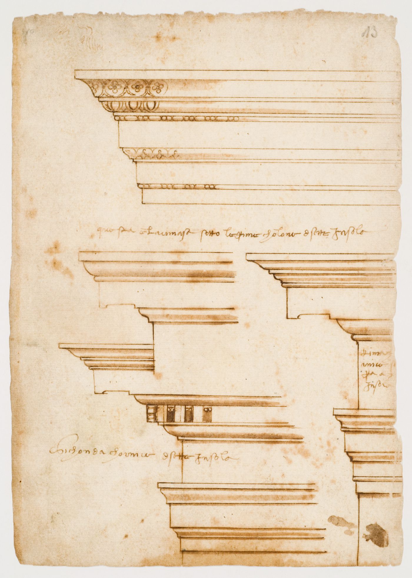 Architrave from the interior of the Basilica of Constantine, Rome, Italy; Cornice from the podium of the Septizonium, Rome, Italy; Entablature from the first storey of the Septizonium, Rome, Italy; Entablature from the second storey of the Septizonium, Rome, Italy