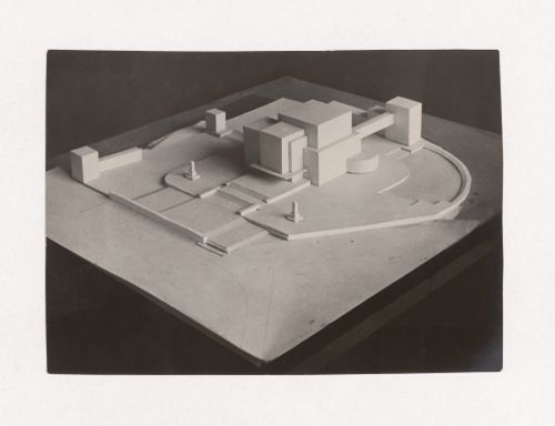 Photograph of a student model on the topic "Voluminous Composition. Major Public Building (View from a Highway) as a Voluminous Composition" for an unidentified course at the Vkhutein (Moscow Higher Technical Institute), Moscow