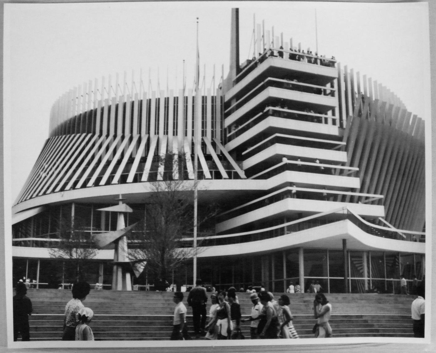 View of the Pavilion of France with the sculpture 'Obélisque oblique' by Henri-Georges Adam, Expo 67, Montréal, Québec