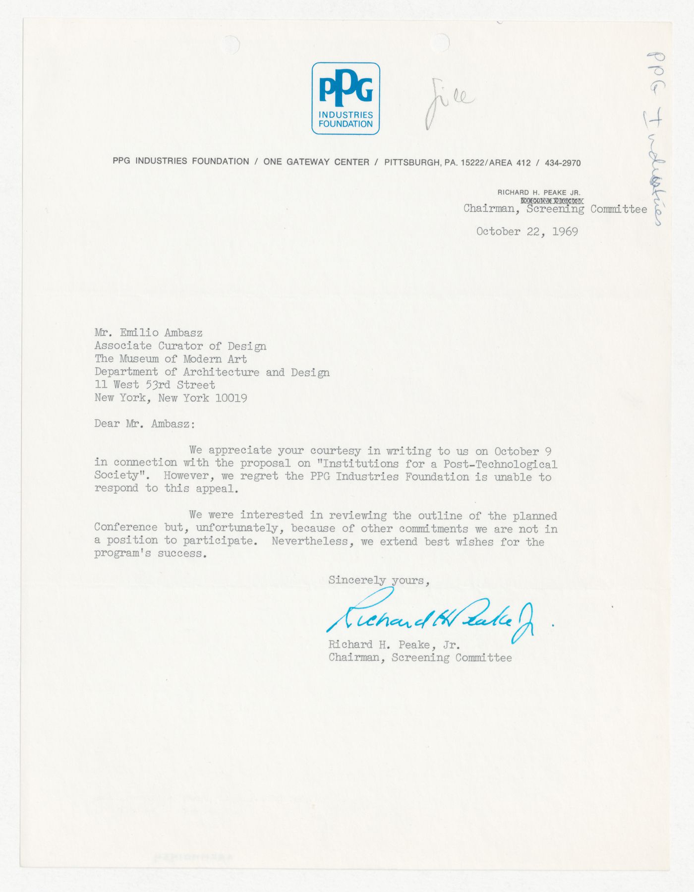 Letter from Richard H. Peake Jr. to Emilio Ambasz responding to proposal for Institutions for a Post-Technological Society conference