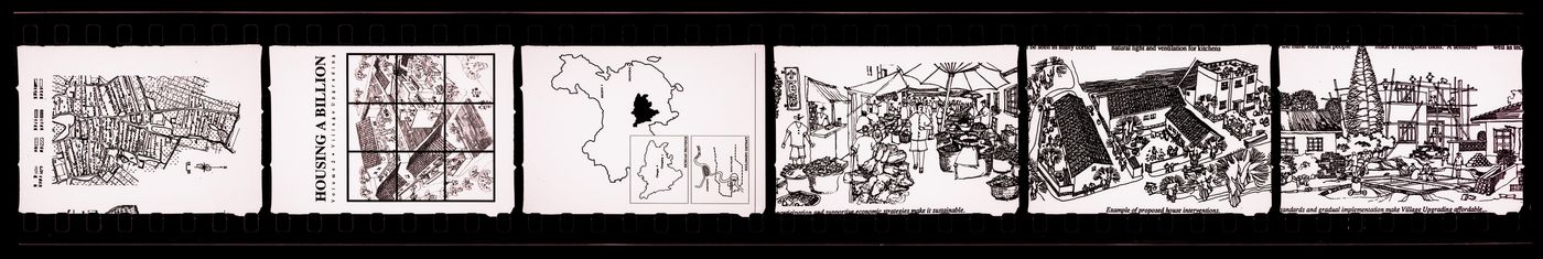 Negative strip of illustrations for the publication "Housing a Billion: Village Upgrading: Jianlu, China" publication