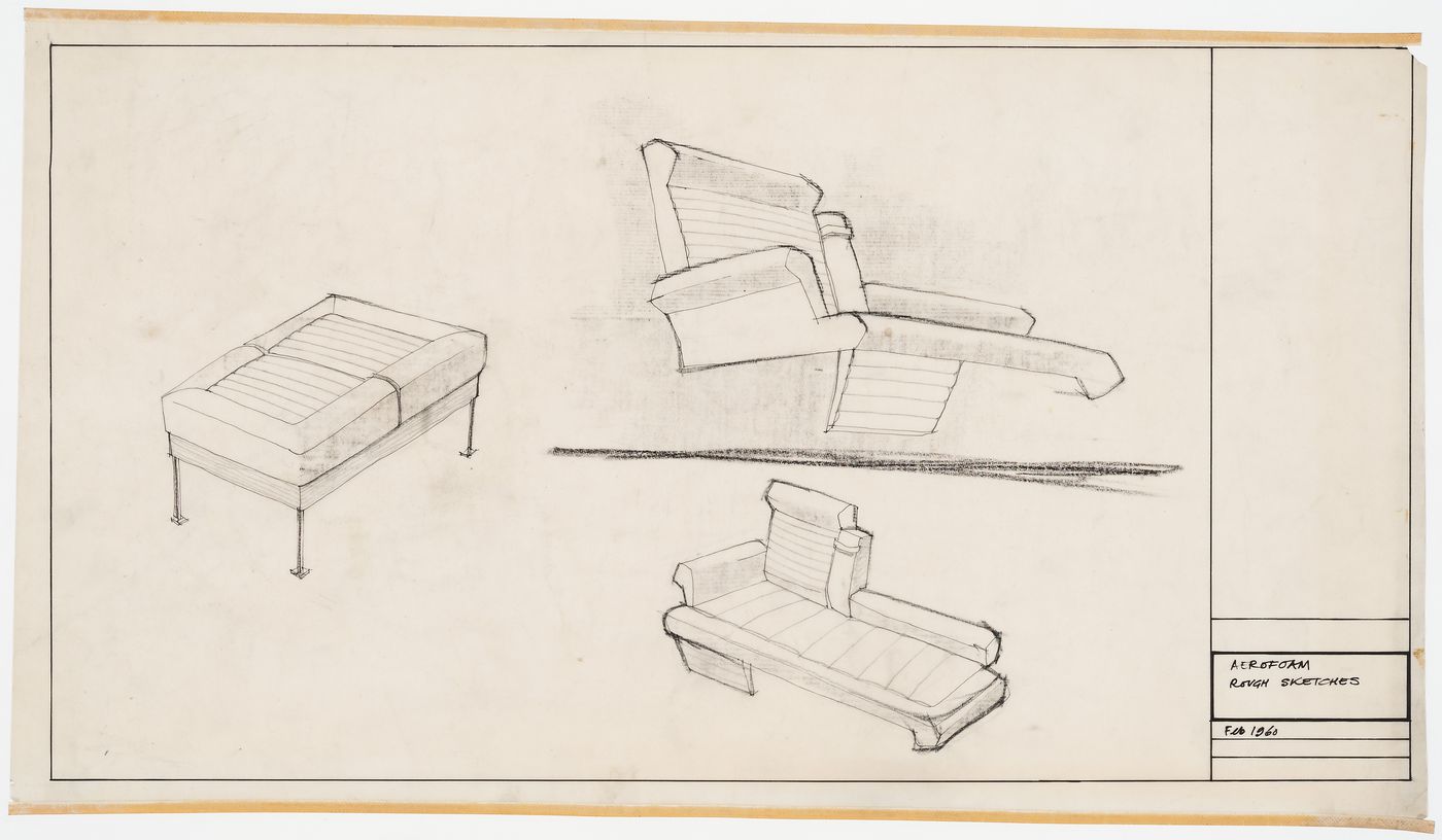 Conceptual sketches for combined, adjustable armchair/divan and ottoman for Aerofoam Ltd.