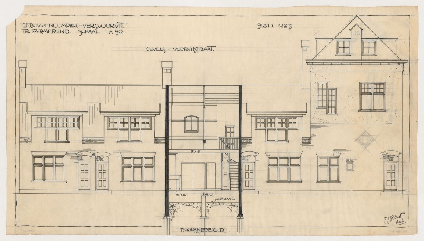 Sectional elevation for Vooruit Cooperative houses and meeting hall, Purmerend, Netherlands