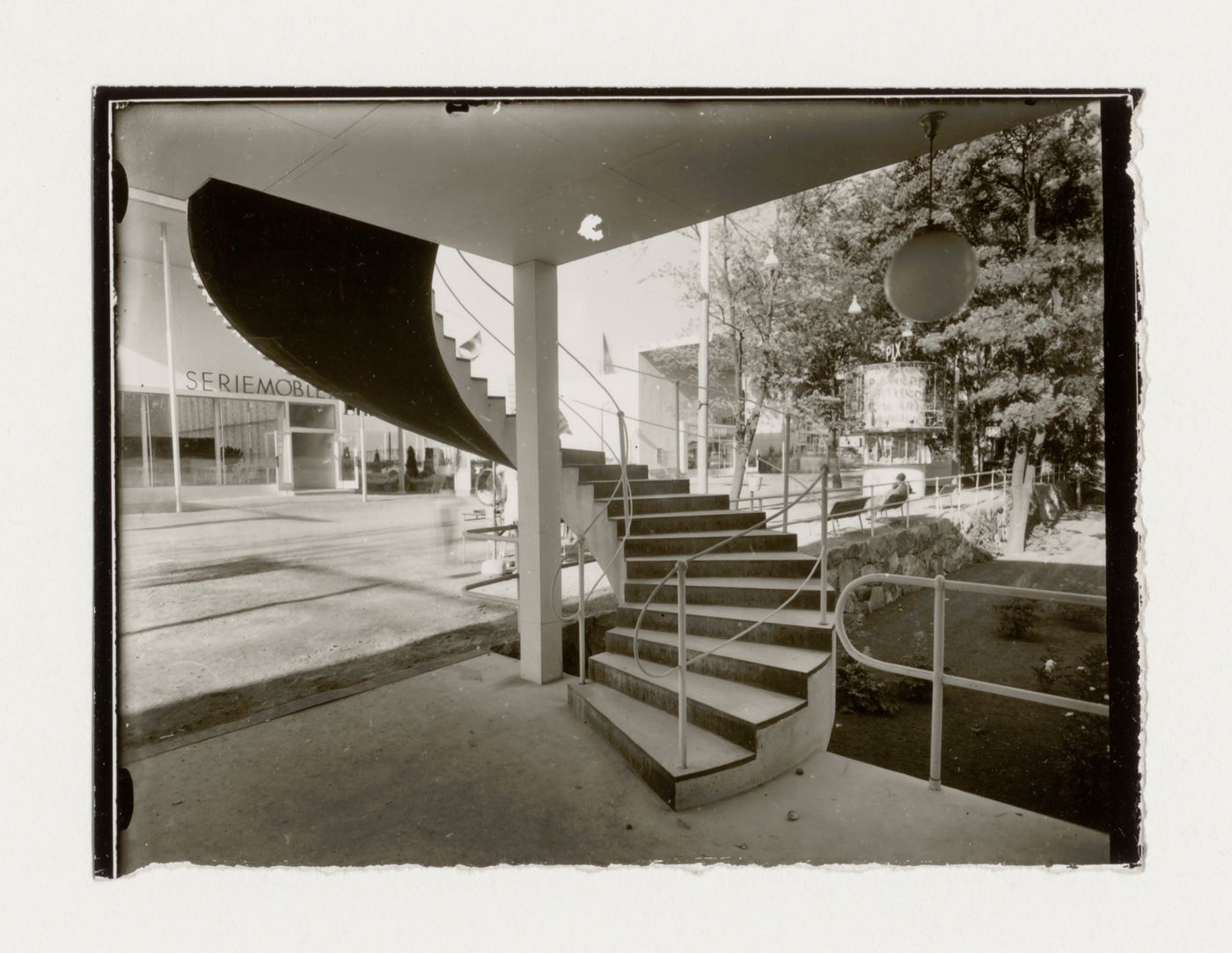 Exterior view of halls 8 and 11 at the Stockholm Exhibition of 1930 showing stairs, Stockholm