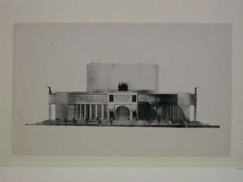 Photograph of an elevation for the principal façade for a Red Army Theater, Moscow