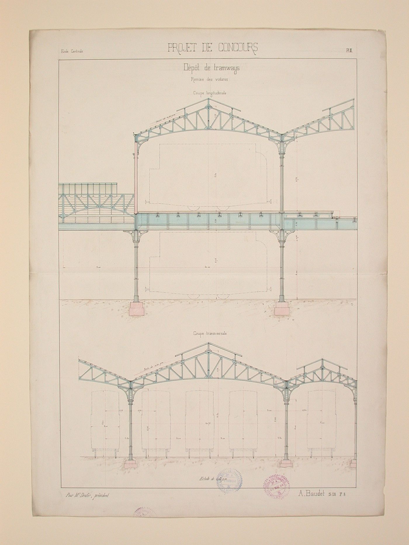 Student engineering drawing: section of the railway car shed for a tramway depot competition project