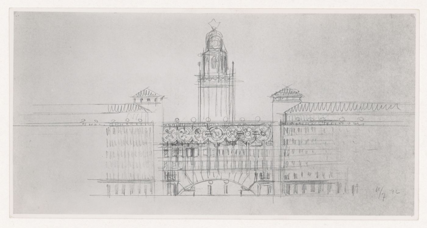 Photograph of a sketch elevation for the reconstruction of the Hofplein (city centre), Rotterdam, Netherlands
